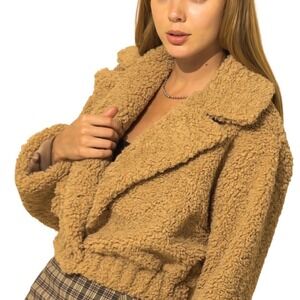 HYFVE Teddy Bear Sherpa Faux Fur Cropped Jacket Coat Women's Large Mustard Boho
